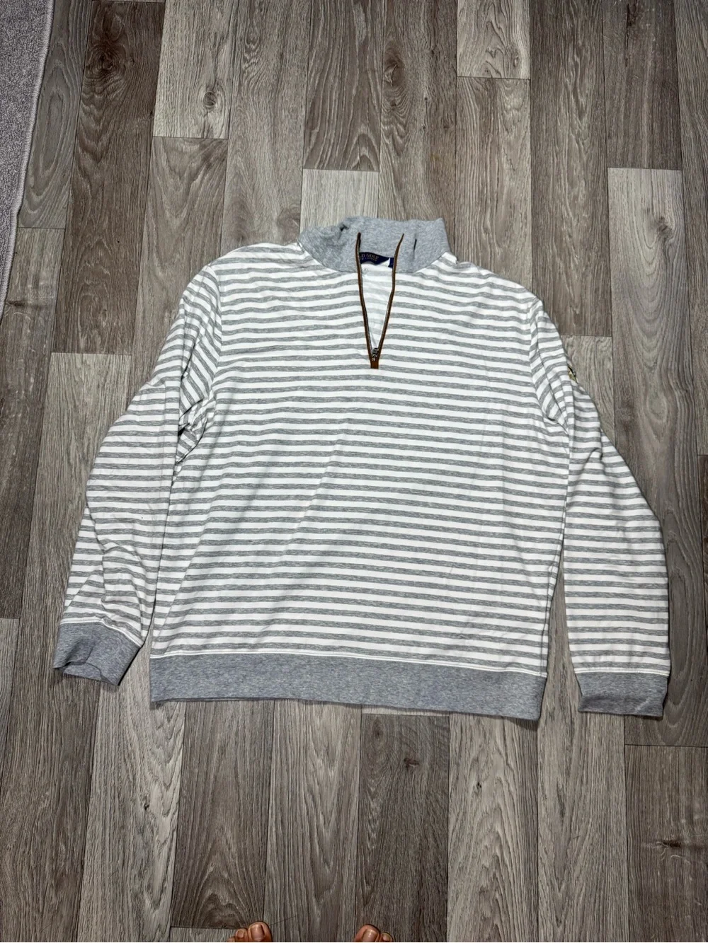 Polo Golf Ralph Lauren Grey/White Striped1/4 Zip Pullover Sweater Men’s XL